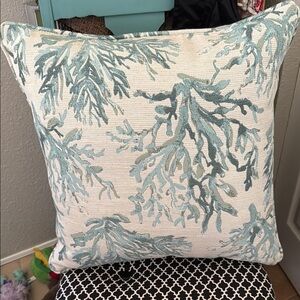Cream and Blue Nature-Inspired Accent Pillow with Botanical Design
